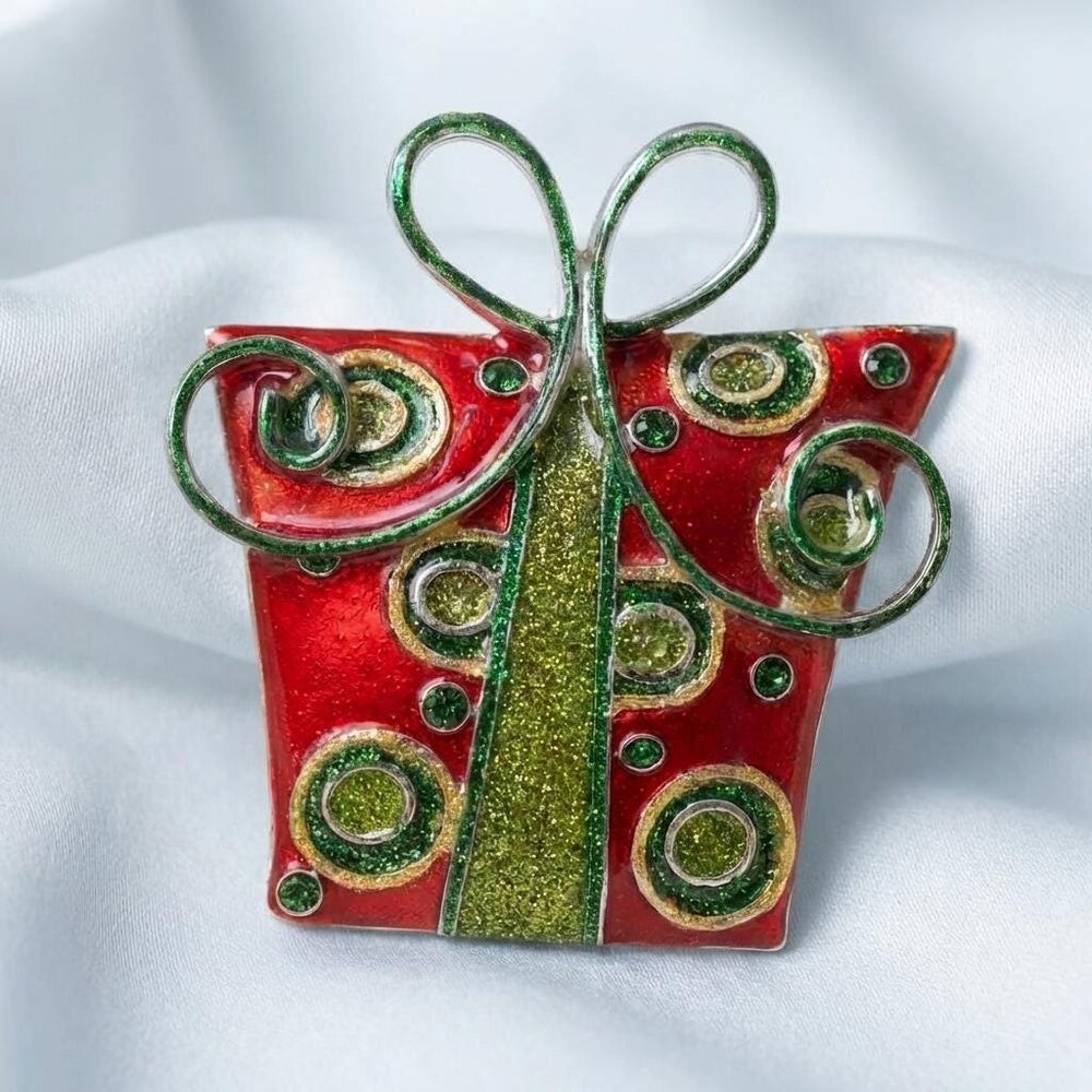 Gift Box Brooch Red Green Enamel Glitter Present Pin Pendant 3”